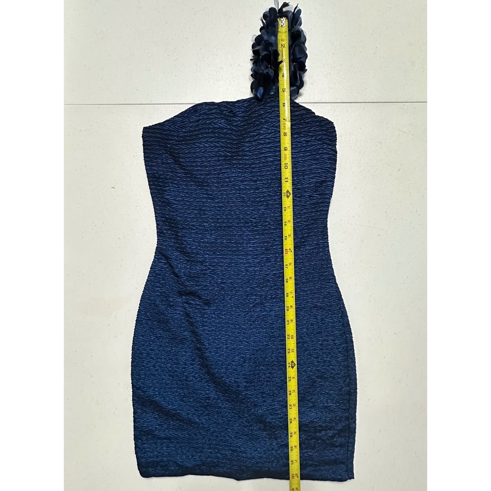 XXI Forever One Shoulder Navy Blue Textured Mini Dress Bodycon Sheath Party Sz S - Picture 7 of 7
